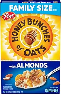 Post Honey Bunches of Oats with Almonds Breakfast Cereal, Honey Cereal with Granola Clusters and Sliced Almonds, Family Size Cereal, 18 OZ Box