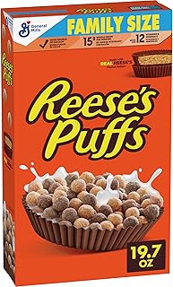 REESE’S PUFFS Chocolatey Peanut Butter Cereal, Kid Breakfast Cereal, Family Size, 19.7 oz