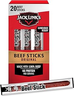 Jack Link's Beef Sticks, Original – Protein Snack, Meat Stick with 6g of Protein, Meat Snack Sticks Made with 100% Beef, Keto Friendly, Individually Wrapped – 0.92 Oz. (20 Count)