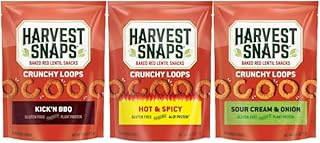 Harvest Snaps Veggie Chips Crunchy Loops Variety Pack, Kick'n BBQ, Hot & Spicy, Sour Cream & Onion, Plant-Based Protein Snack, Baked, Gluten-Free, No Artificial Flavors, 3 Pack