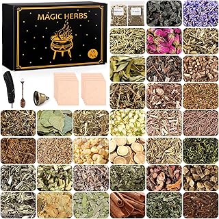 35Pcs Dried Herbs for Witchcraft Supplies, Dried Herb Kit for Witch Beginner, Wiccan, Wicca Altar Supplies, Magic Ritual and Spell, Candle and Soap Making, with Witchy Bell and More